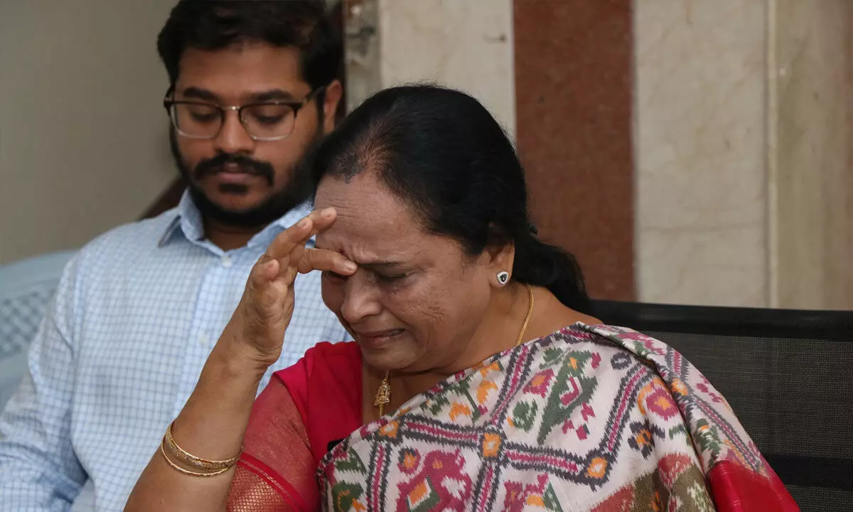 TDP constituency in-charge and former MLA M Sugunamma turns emotional while expressing her dissatisfaction over three-party alliance denying ticket to her and allotting Assembly and Lok Sabha tickets to non-local candidates of BJP, in Tirupati on Monday