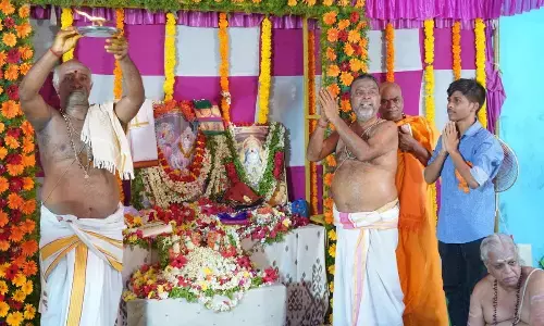 Devotees participating in the Radha Madhava Kalyanam in Ongole on Monday