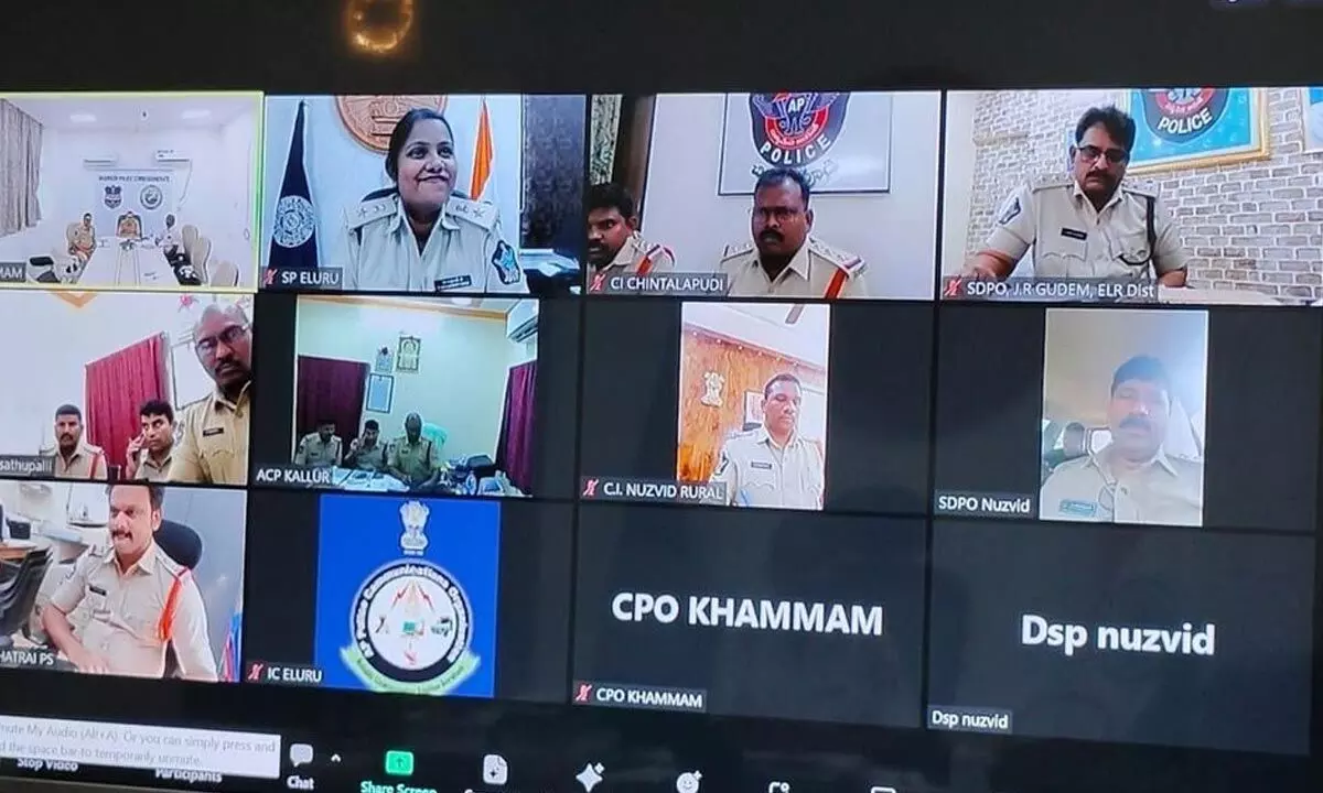 Police officials of Eluru district attending videoconference of border districts police on Thursday