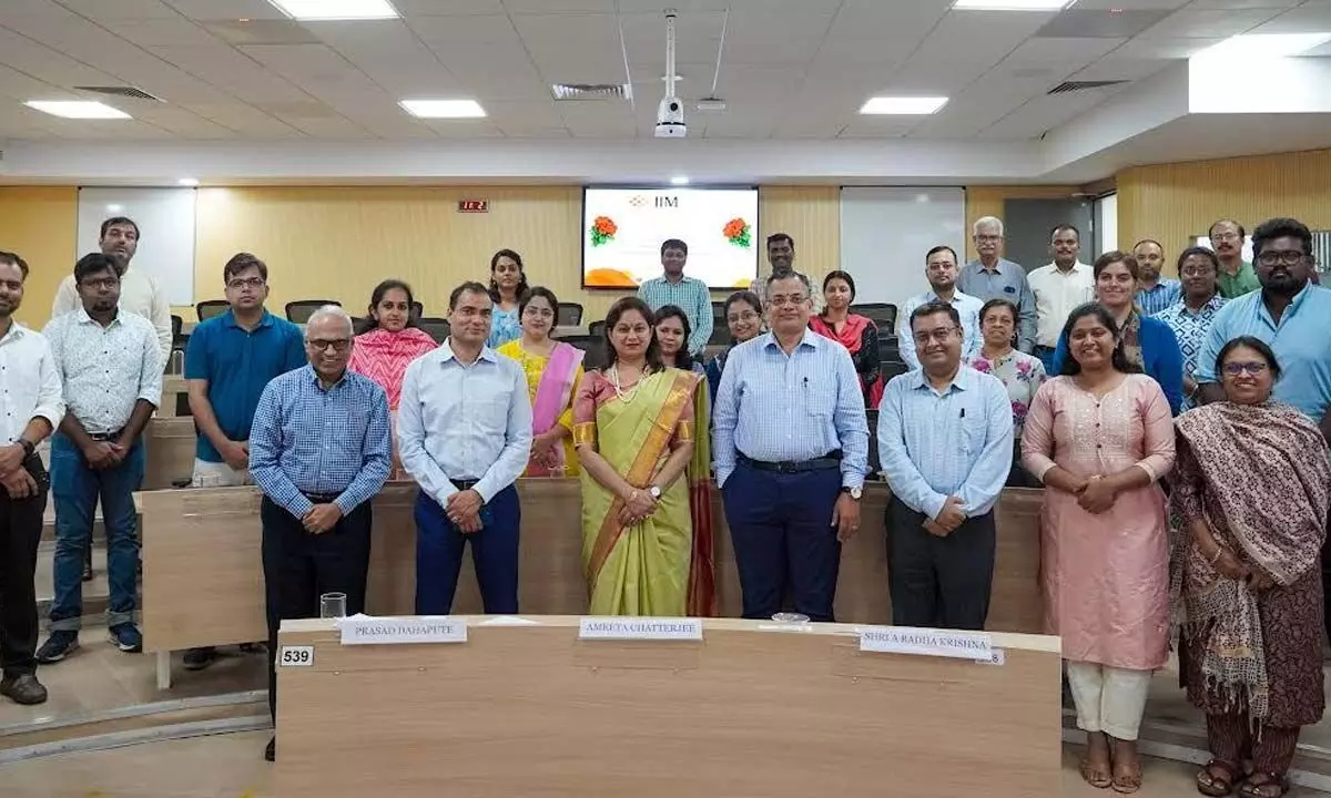 IIM-V director M Chandrasekhar along with the invitees at the inaugural of the Centre for Responsible Management Education on the campus on Thursday