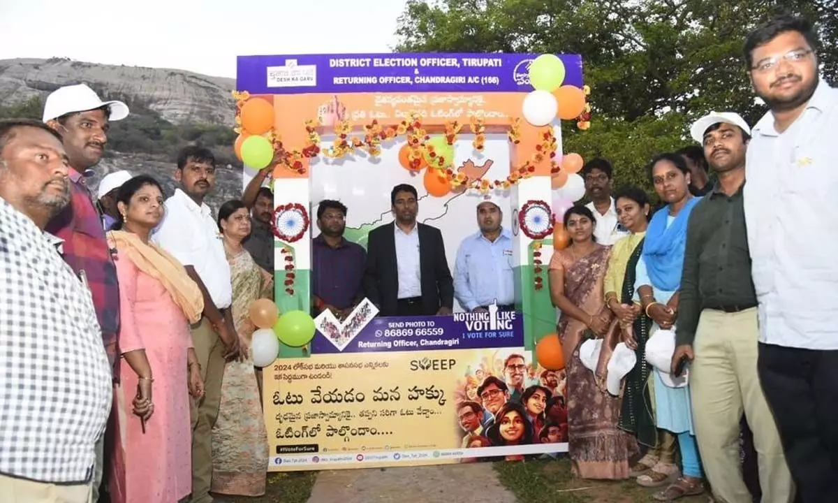 District Collector G Lakshmisha along with RDO Nishanth Kumar Reddy at the newly inaugurated photo booth in Chandragiri Fort on Thursday