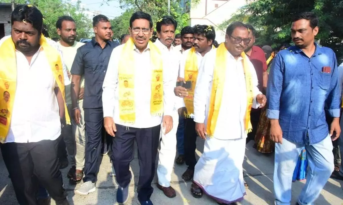 Nellore city TDP MLA nominee Dr P Narayana during election campaign in 11th division in Nellore city on Thursday