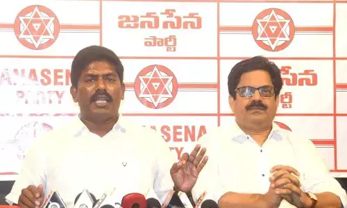 Jana Sena Party corporator P Murthy Yadav speaking to the media in Visakhapatnam on Thursday