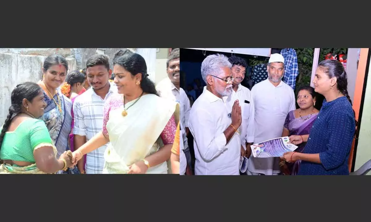 TDP candidate Tangirala Sowmya during campaign in Nandigama constituency; YSRCP candidate M Jagan Mohana Rao taking part in election campaign in Nandigama