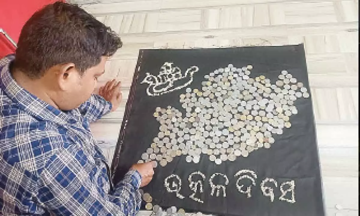 Sand artist Satya Narayan Maharana makes Odisha map by using old coins and a boat by using rice on the eve of Utkal Divas.