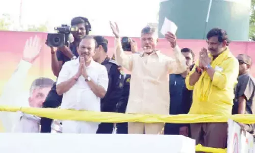 TDP national president N Chandrababu Naidu addressing ‘Praja Galam’ public meeting in Markapuram on Sunday. Party’s Ongole MP candidate Magunta Srinivasulu Reddy and Markapuram MLA candidate Kandula Narayana Reddy are also seen.