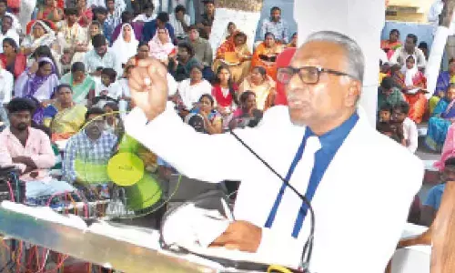 Pastor Augastein delivering a speech on Jesus Christ at Jewett Prayer Hill in Ongole on Sunday
