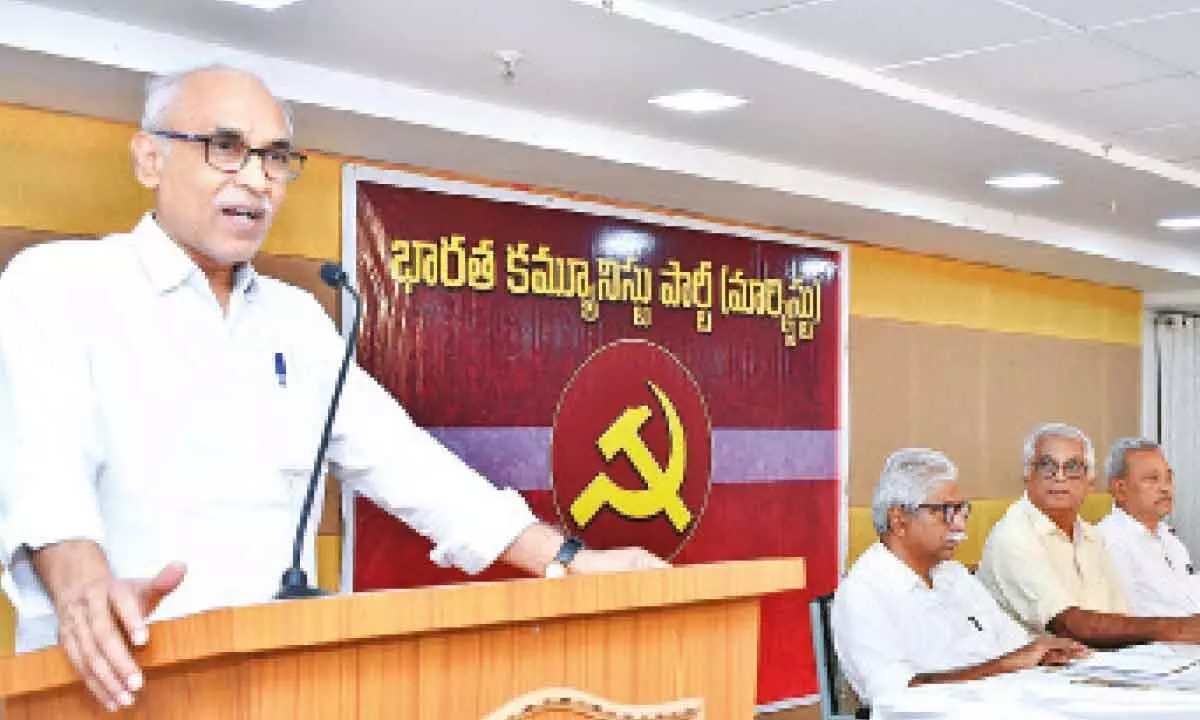 CPM politburo member B V Raghavulu addressing the party state committee meeting at MBVK Bhavan in Vijayawada on Thursday   Hans photo Ch Venkata Mastan