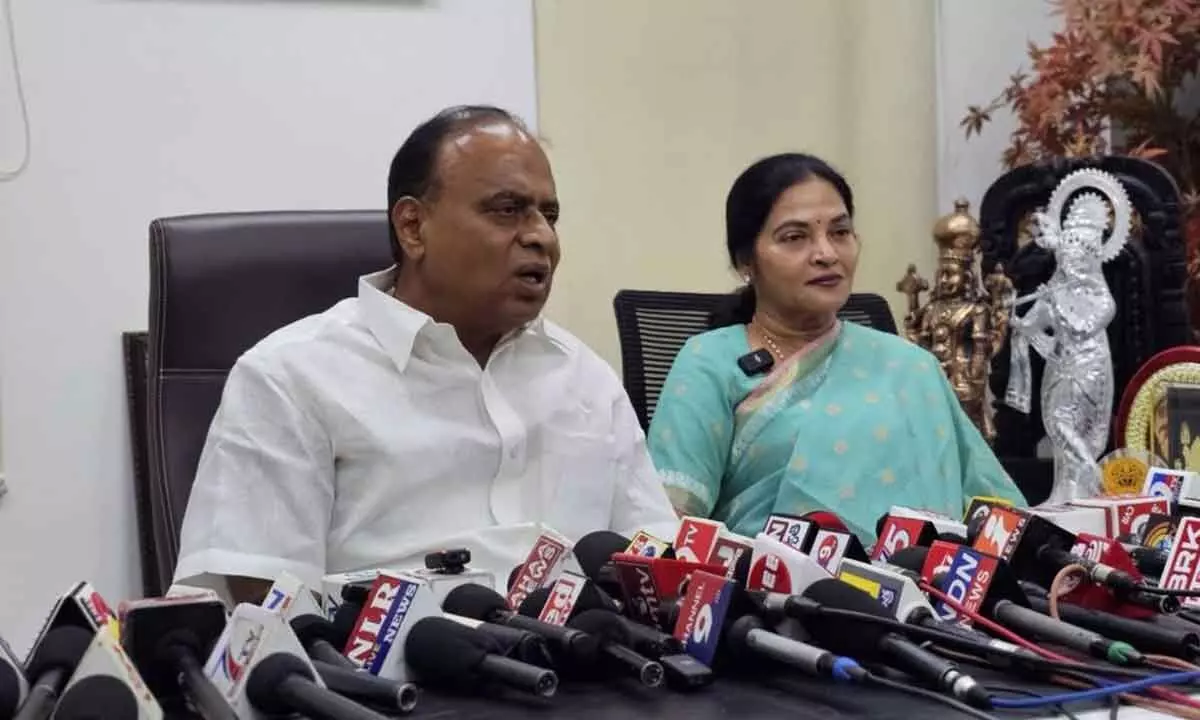 TDP nominee for Nellore MP seat Vemireddy Prabhakar Reddy and his wife and Kovuru TDP nominee Vemireddy Prashanthi Reddy addressing the media in Nellore on Sunday