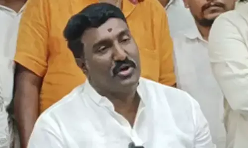 Pothina Venkata Mahesh, who resigned from Jana Sena Party, speaks to media in Vijayawada on Monday