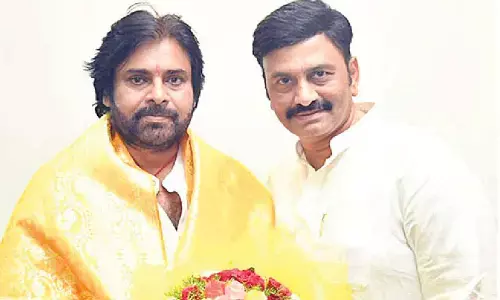 Former Narsapuram MP K Raghurama Krishna Raju calls on Pawan Kalyan at his residence in Chebrolu