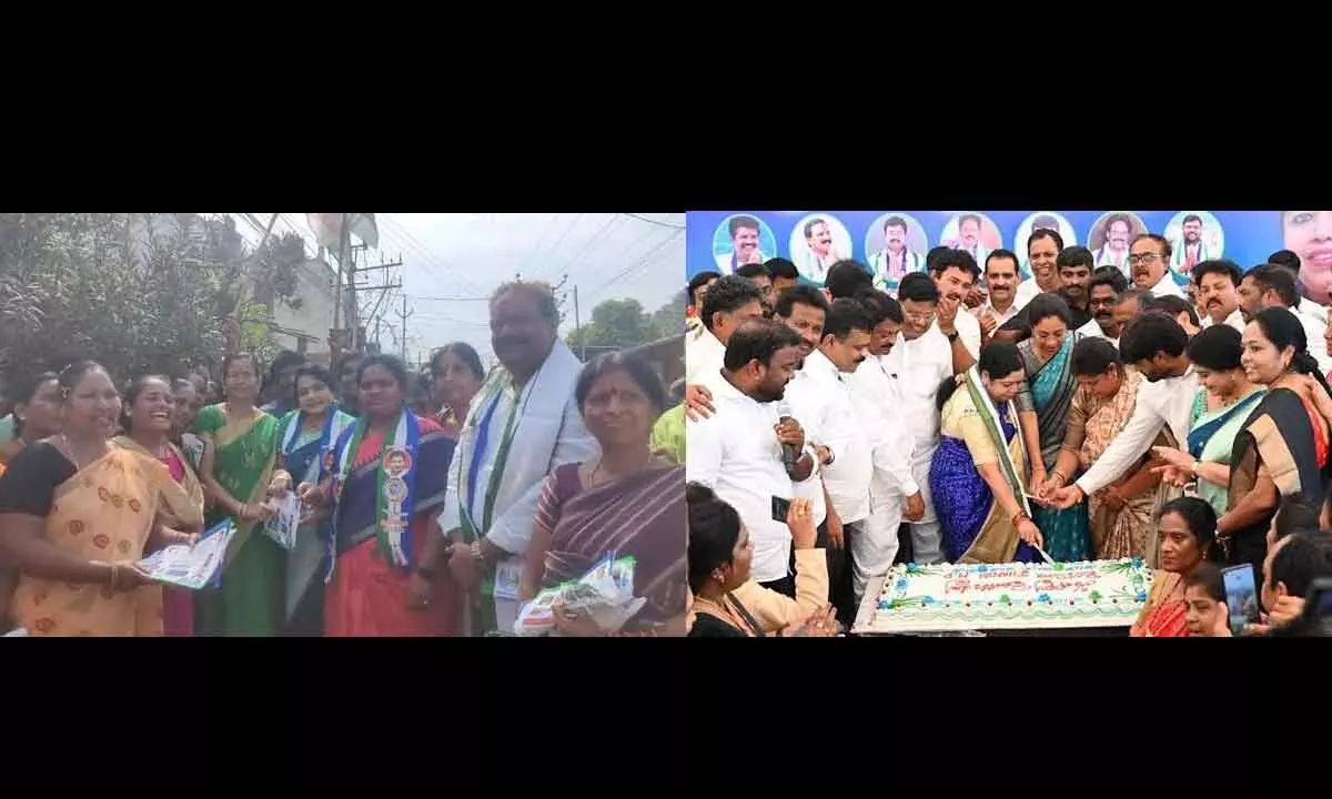 Adari Malathi along with others campaigning in the west constituency in Visakhapatnam on Thursday; YSRCP MP candidate Botcha Jhansi Lakshmi cutting a cake on the occasion of her birthday in Visakhapatnam on Thursday