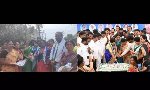 Adari Malathi along with others campaigning in the west constituency in Visakhapatnam on Thursday; YSRCP MP candidate Botcha Jhansi Lakshmi cutting a cake on the occasion of her birthday in Visakhapatnam on Thursday