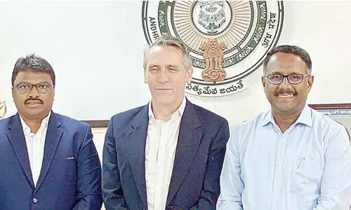 (From left) Managing Director of Andhra Pradesh State Skill Development Corporation Raja Babu, British Deputy High Commissioner Gareth Wynn Owen and Principal Secretary Suresh Kumar at APSSDC office at Tdepalli on Thursday