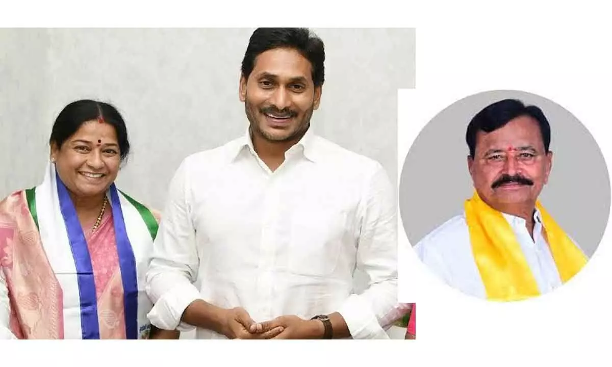 YSRCP Hindupur LS constituency candidate J Shantamma with Chief Minister Y S Jagan Mohan Reddy; B K Parthasarathi