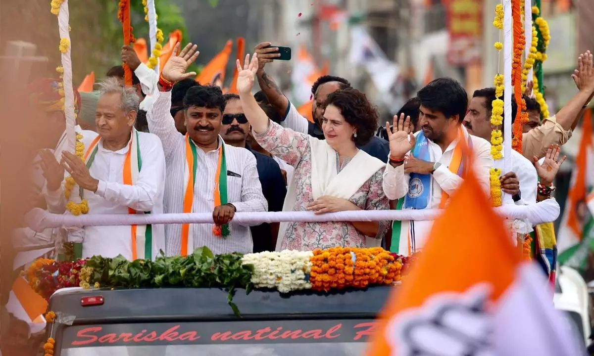 Priyanka Gandhi holds her first roadshow in Alwar in support of Cong’s Lalit Yadav