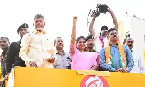 Chandrababu Naidu addressing ‘Praja Galam’ public meeting at Payakaraopeta in Anakapalli district on Sunday. Party’s MLA candidate V Anitha and BJP Anakapalli MP candidate C M Ramesh are also seen
