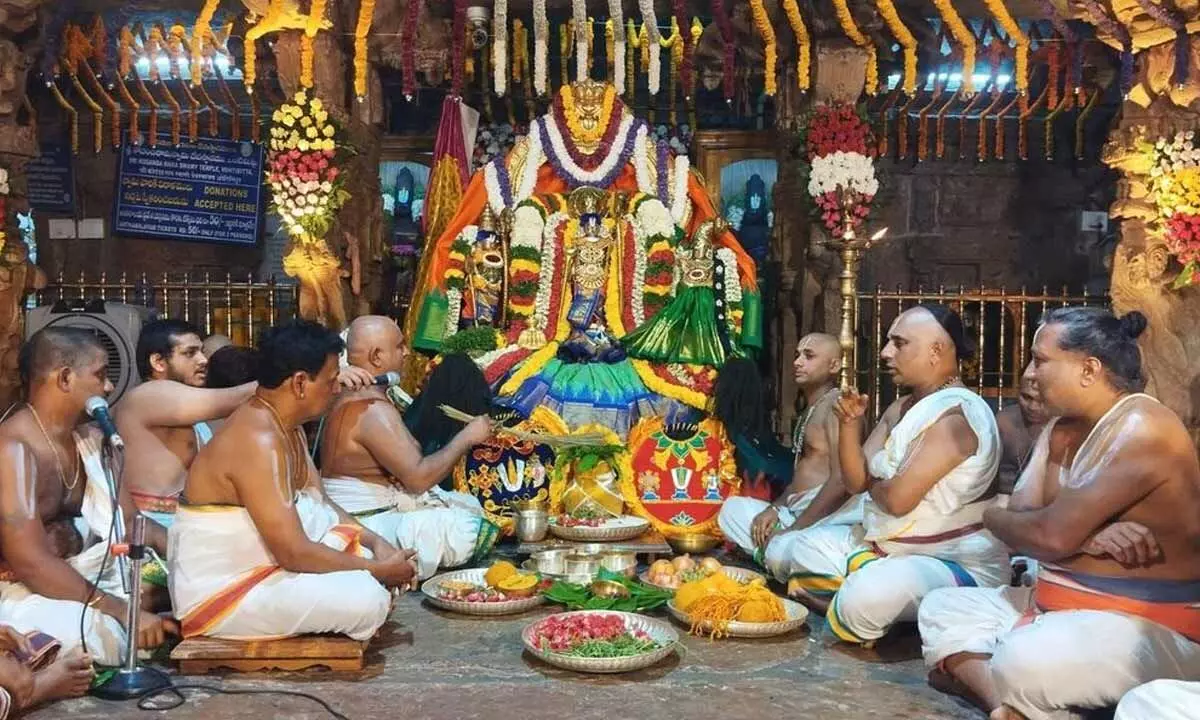 Priests taking part in Ankurarpanam of the nine-day annual Brahmotsavam at Sri Kodandarama Swamy temple in  Vontimitta on Tuesday