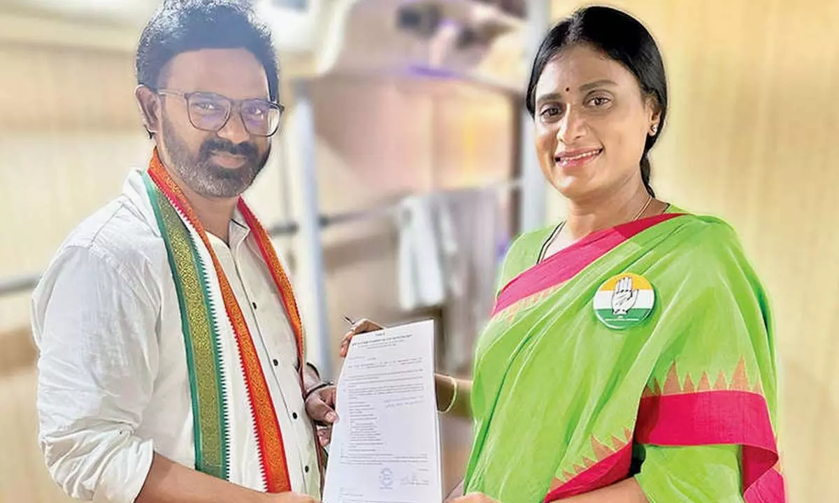 Congress party Santhanuthalapadu Assembly candidate Palapathi Vijesh Raj receiving the B-Form from APCC president YS Sharmila Reddy on Thursday