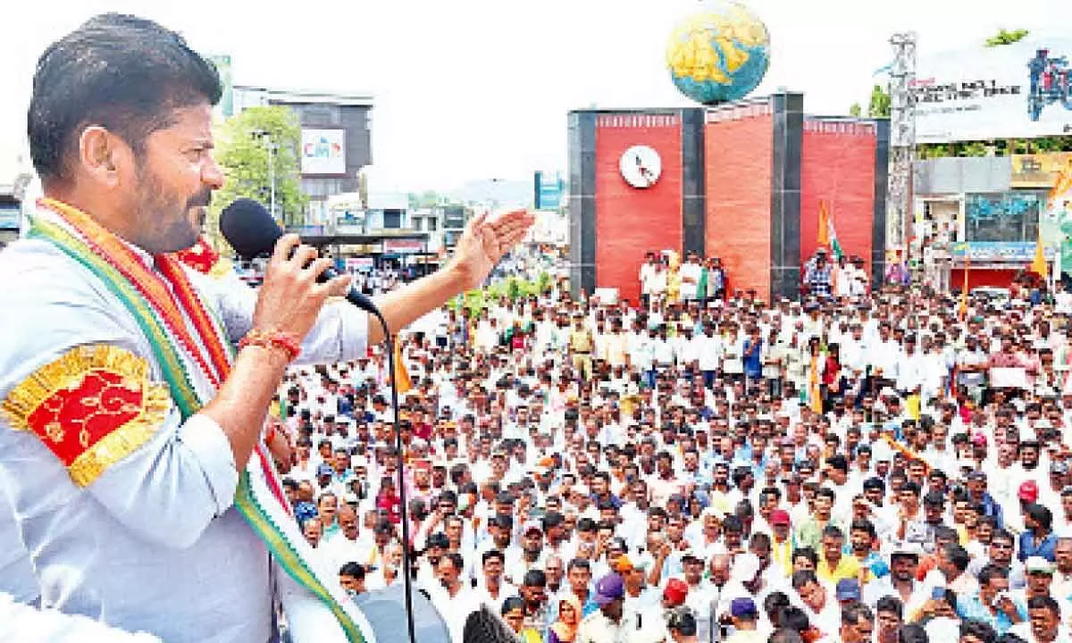 Chief Minister and TPCC chief Revanth Reddy addressing a meeting in Mahbubnagar on Friday