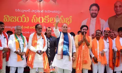 Defence Minister Rajnath Singh at BJP’s Vijaya Sankalpa Sabha held before Union minister G Kishan Reddy filing nomination for the Secunderabad constituency on Friday. Photo: Srinivas Setty