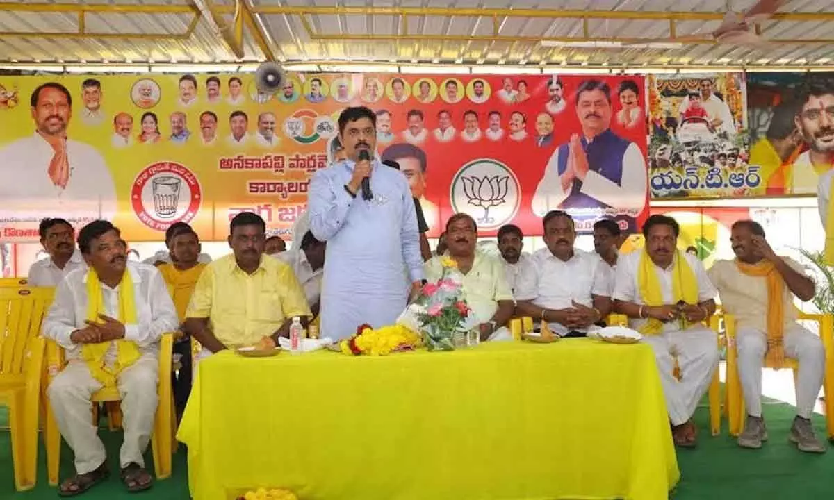 BJP-TDP-JSP Anakapalli MP candidate CM Ramesh addressing the party cadre in Anakapalli on Sunday