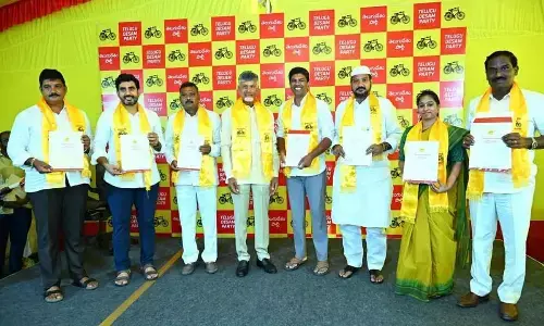 TDP candidate for Guntur Lok Sabha constituency Dr Pemmasani Chandrasekhar, candidates for Assembly segments Galla Madhavi, Md Nazeer Ahmed, Nara Lokesh, B Ramanjaneyulu, D Narendra Kumar, Tenali Sravan Kumar receiving B Forms from TDP national president N Chandrababu Naidu in Mangalagiri on Sunday