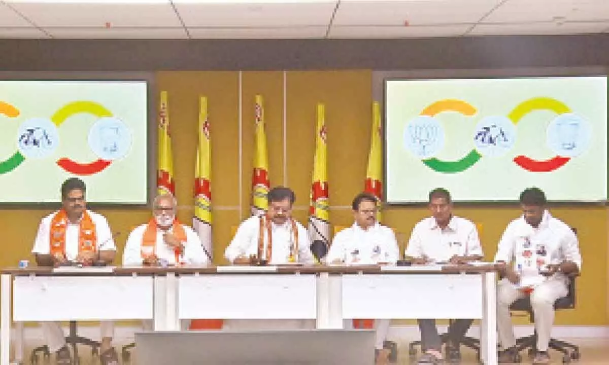 TDP, BJP and Jana Sena Party alliance leaders addressing the media during the release of a charge sheet against Y S Jagan Mohan Reddy at TDP state office in Mangalagiri on Thursday