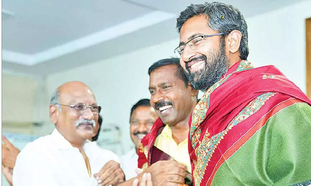Alliance MP candidate M Sribharat at the meeting held in Visakhapatnam on Thursday