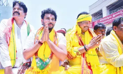 NDA candidate for Markapuram Assembly Kandula Narayana Reddy  and Magunta Raghava Reddy take part in a rally on Thursday