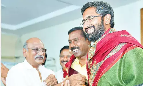 Alliance MP candidate M Sribharat at the meeting held in Visakhapatnam on Thursday