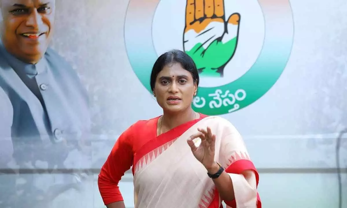 Andhra Pradesh Congress Committee president Y S Sharmila speaking at a media conference in Visakhapatnam on Sunday