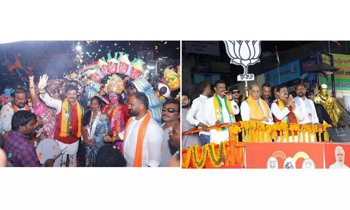 NDA Lok Sabha candidate CM Ramesh greeting people during the poll campaign in Anakapalli district; NDA Lok Sabha candidate C M Ramesh along with Defence Minister Rajnath Singh during Vijayeebhava road show held recently in Anakapalli district