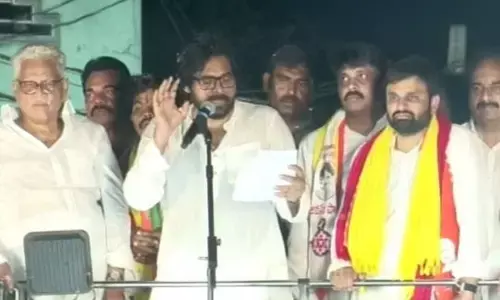 Jana Sena chief Pawan Kalyan participating in Varahi Vijayabheri public meeting  in Polavaram on Tuesday
