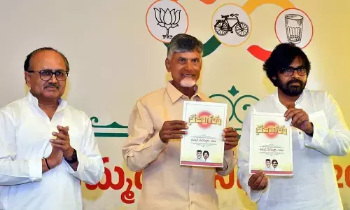 TDP national president N Chandrababu Naidu, Jana Sena Party president K Pawan Kalyan and AP BJP election co-incharge Siddharthnath Singh releasing joint manifest at Undavalli near Vijayawada on Tuesday ( Hans photo Ch Venkata Mastan )