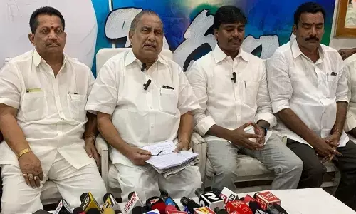 YSRCP leader Mudragada Padmanabham speaks to media at Kirlampudi on Tuesday