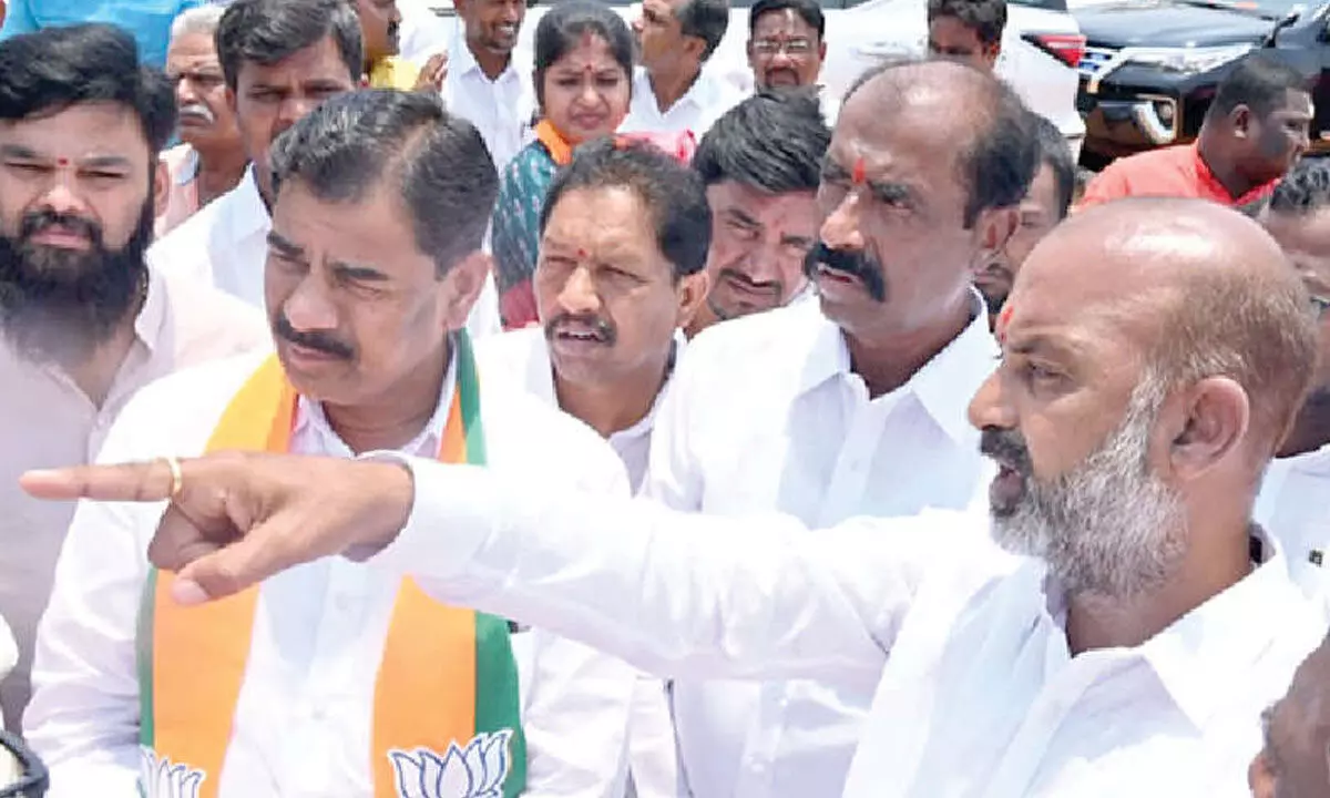 BJP MP Bandi Sanjay Kumar inspecting arrangements for Prime Minister Narendra Modi’s public meeting in Vemulawada on Tuesday