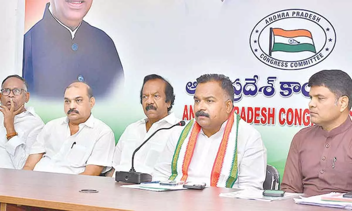Congress MP and AP in-charge Manickam Tagore and party leaders addressing a press conference at Andhra Ratna Bhavan in Vijayawada on Thursday Photo: Ch Venkata Mastan