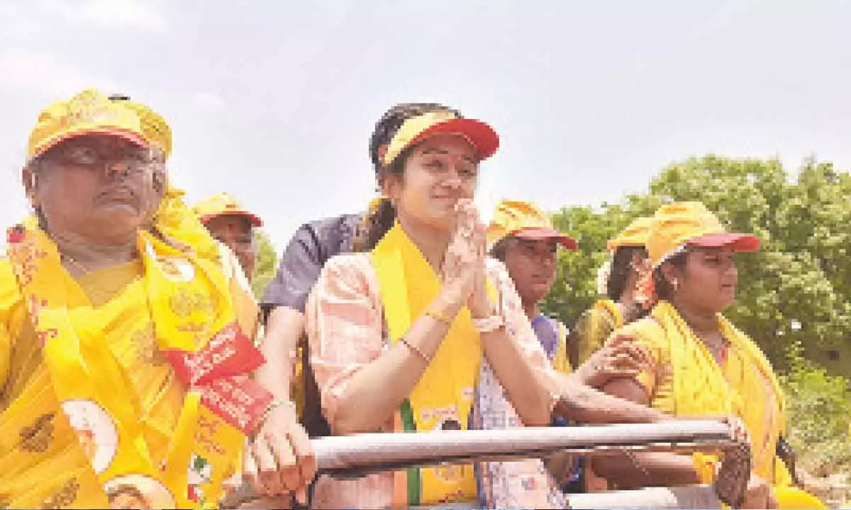 Puttaparthi TDP MLA candidate Palle Sindhura Reddy campaigning in a village in Amadagur mandal on Thursday