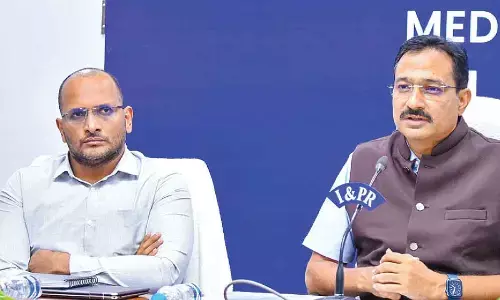 Chief Electoral Officer Mukesh Kumar Meena and others officials addressing a press conference at the Secretariat on Thursday