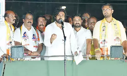 JSP chief K Pawan Kalyan speaking at the public meeting in Visakhapatnam on Thursday