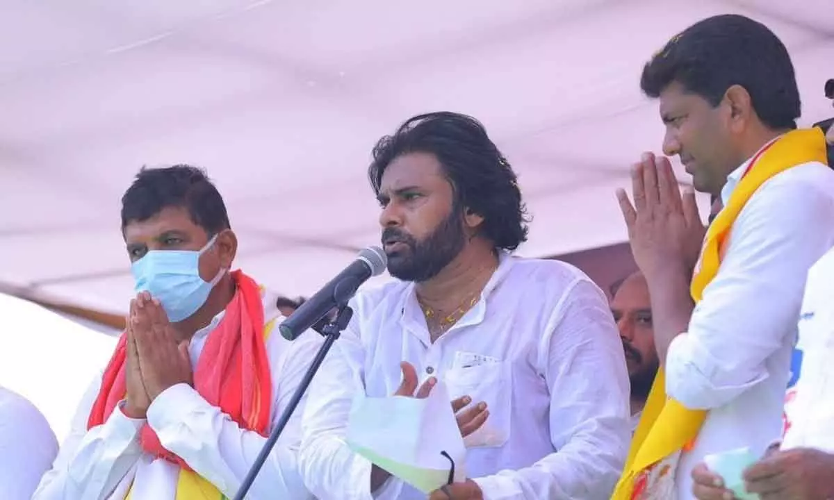 Jana Sena president K Pawan Kalyan addressing a public meeting in Ponnuru on Sunday. TDP candidate for Guntur Lok Sabha constituency Dr Pemmasani Chandrasekhar and party candidate for Ponnuru Assembly constituency (left) Dhulipala Narendra are also seen.