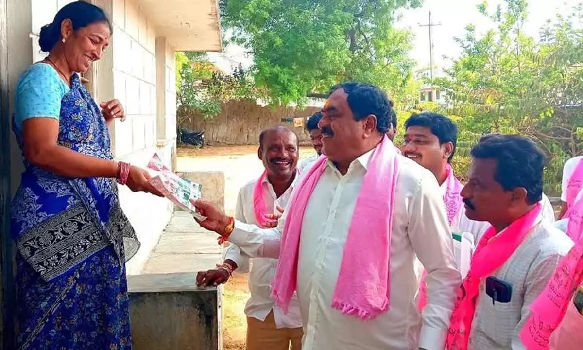 Former minister Errabelli Dayakar Rao campaigning for BRS’ Warangal Lok Sabha candidate M Sudheer Kumar in Palakurthi constituency on Sunday