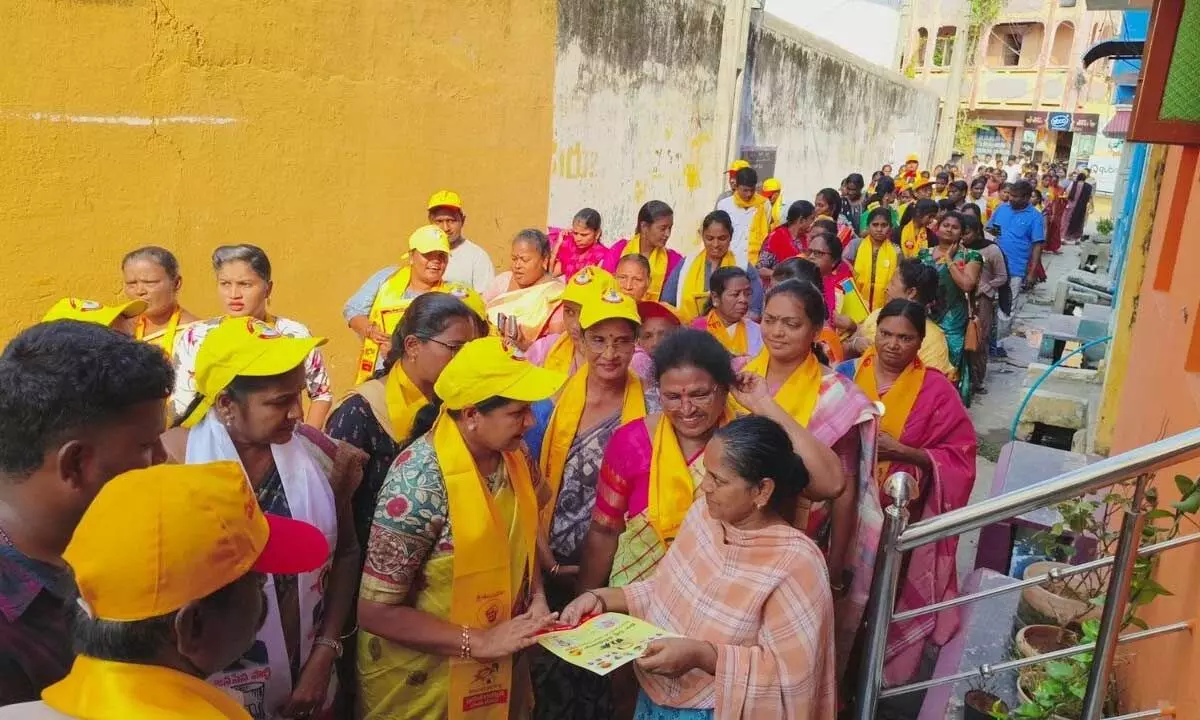 TDP MLA candidate Dr P Narayana’s spouse Ramadevi campaigning in 51st division in Nellore city on Monday