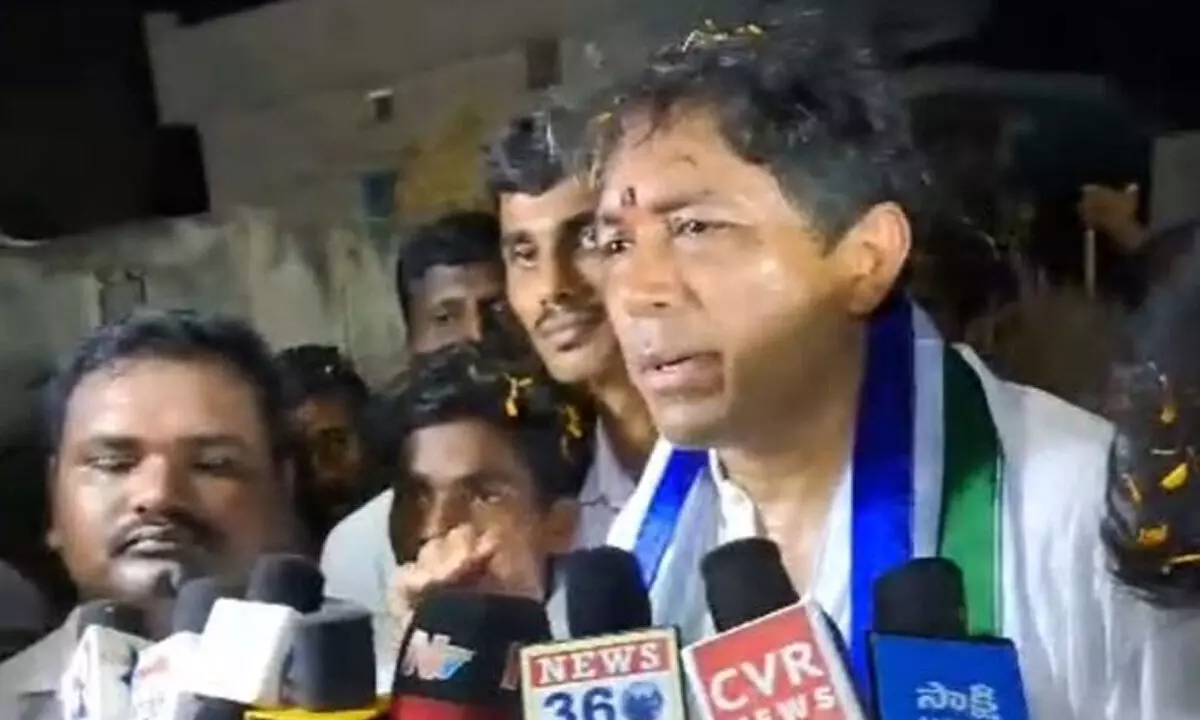 Atmakur MLA Mekapati Vikram Reddy speaking to the media at Nagulavelatur village on Sunday