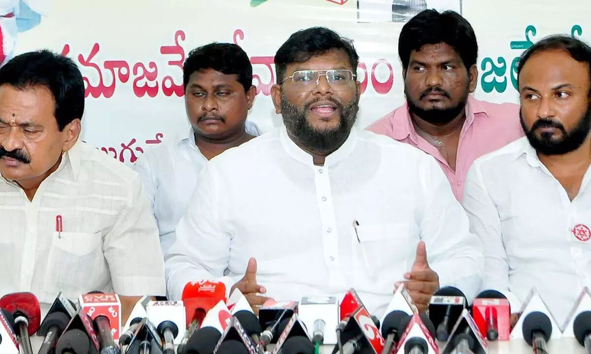 TDP Nellore Parliamentary in-charge Sk Abdul Aziz speaking at a press meet in Nellore on Monday