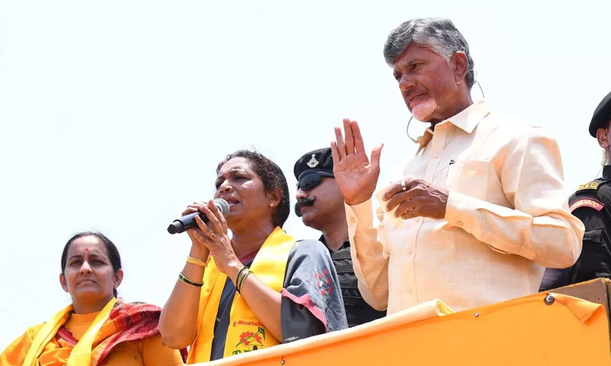 TDP candidate for Panyam Gowru Charitha Reddy speaks at the Praja Galam public meeting along with party chief N Chandrababu Naidu on Monday