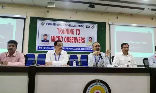Election general observers Krishnakanth Pathak and SA Raman participating in training programme for micro observers in Eluru on Sunday