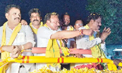 TDP Ongole MP candidate Magunta Srinivasulu Reddy, Yerragondapalem MLA candidate Guduri Erixion Babu in Yerragodapalem constituency on Monday