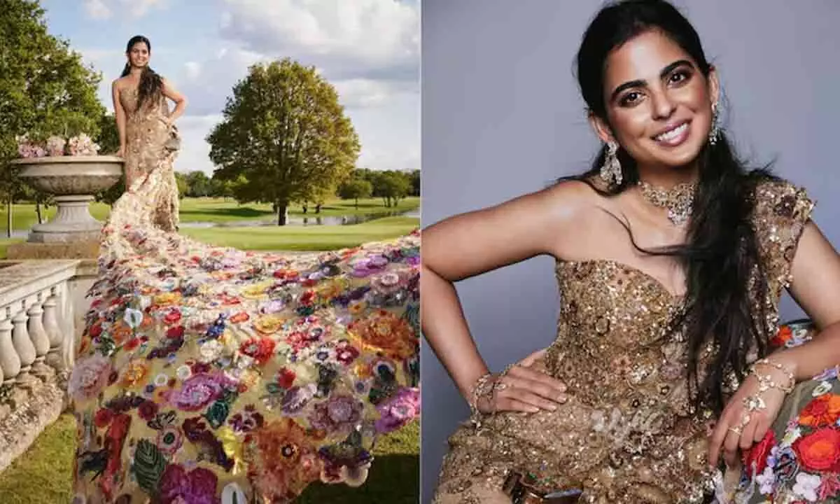 Isha Ambani Stuns at Met Gala 2024 with Hand-Embroidered Sari Gown